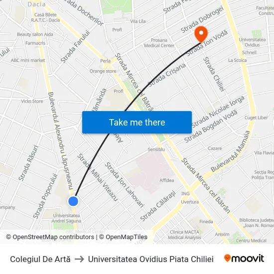 Colegiul De Artă to Universitatea Ovidius Piata Chiliei map