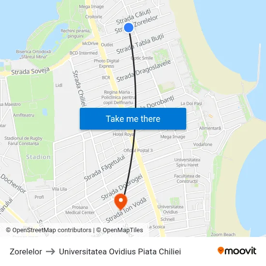 Zorelelor to Universitatea Ovidius Piata Chiliei map