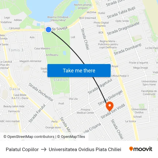 Palatul Copiilor to Universitatea Ovidius Piata Chiliei map