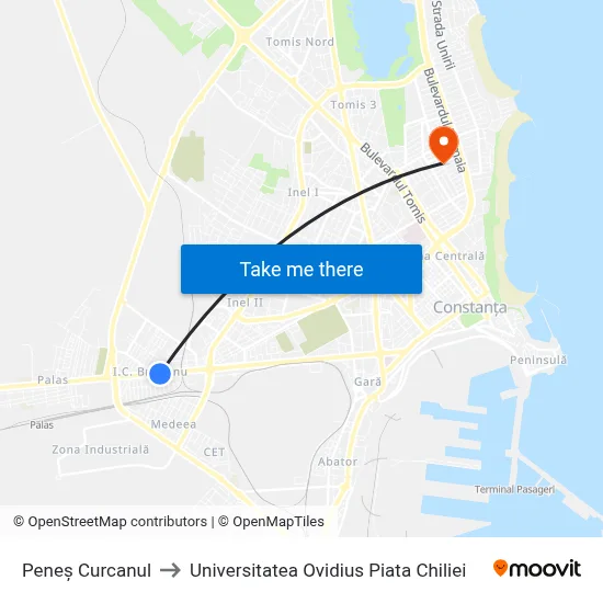 Peneș Curcanul to Universitatea Ovidius Piata Chiliei map
