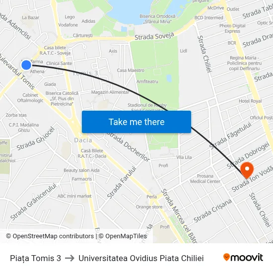 Piața Tomis 3 to Universitatea Ovidius Piata Chiliei map