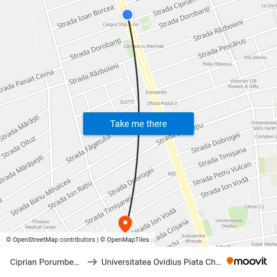 Ciprian Porumbescu to Universitatea Ovidius Piata Chiliei map
