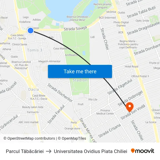 Parcul Tăbăcăriei to Universitatea Ovidius Piata Chiliei map