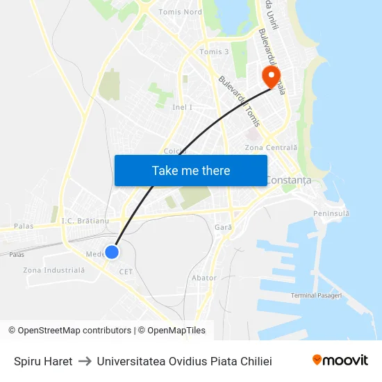 Spiru Haret to Universitatea Ovidius Piata Chiliei map
