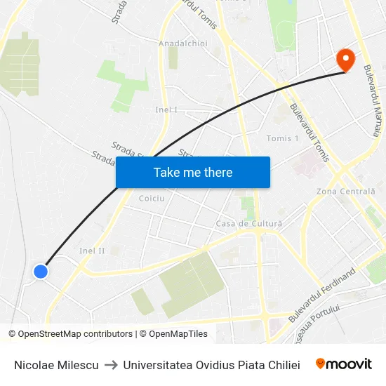 Nicolae Milescu to Universitatea Ovidius Piata Chiliei map