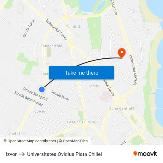 Izvor to Universitatea Ovidius Piata Chiliei map