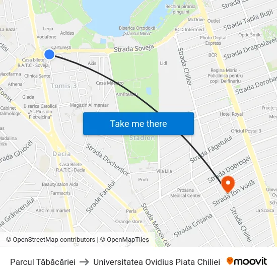 Parcul Tăbăcăriei to Universitatea Ovidius Piata Chiliei map