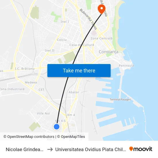 Nicolae Grindeanu to Universitatea Ovidius Piata Chiliei map