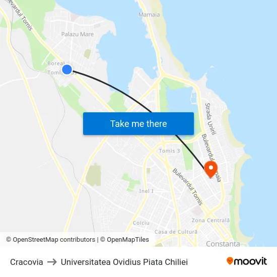 Cracovia to Universitatea Ovidius Piata Chiliei map