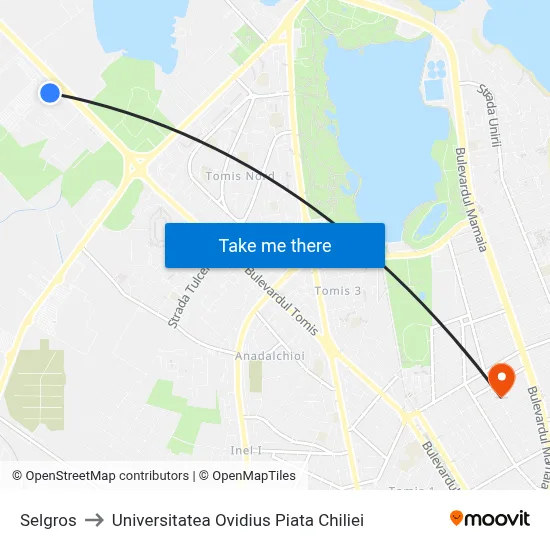 Selgros to Universitatea Ovidius Piata Chiliei map