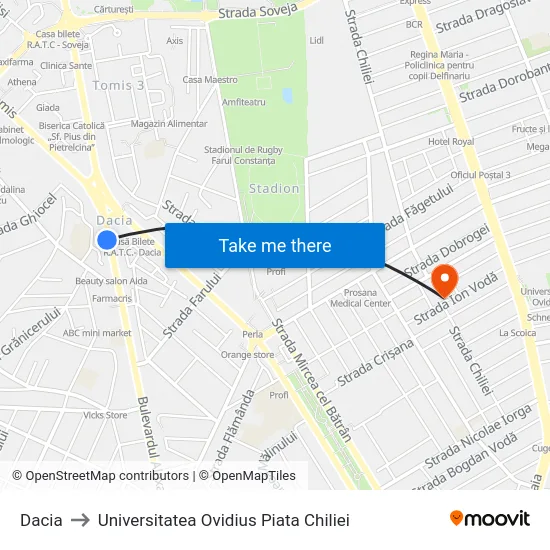 Dacia to Universitatea Ovidius Piata Chiliei map
