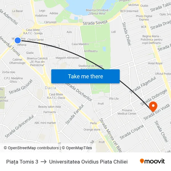 Piața Tomis 3 to Universitatea Ovidius Piata Chiliei map