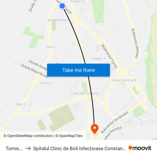 Tomis 3 to Spitalul Clinic de Boli Infecțioase Constanța map
