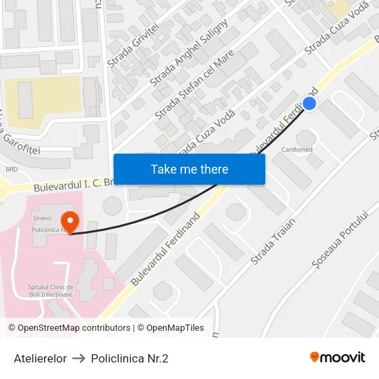 Atelierelor to Policlinica Nr.2 map