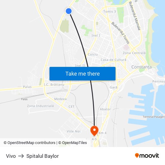 Vivo to Spitalul Baylor map