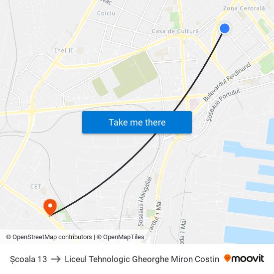 Școala 13 to Liceul Tehnologic Gheorghe Miron Costin map