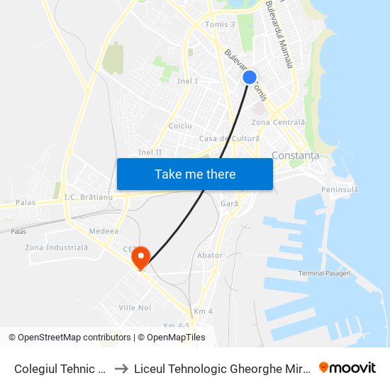 Colegiul Tehnic Tomis to Liceul Tehnologic Gheorghe Miron Costin map