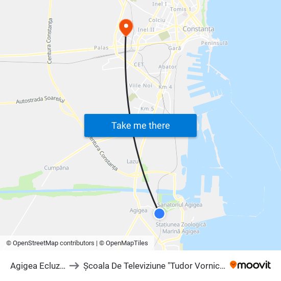 Agigea Ecluză Hm. to Școala De Televiziune "Tudor Vornicu" Constanta map