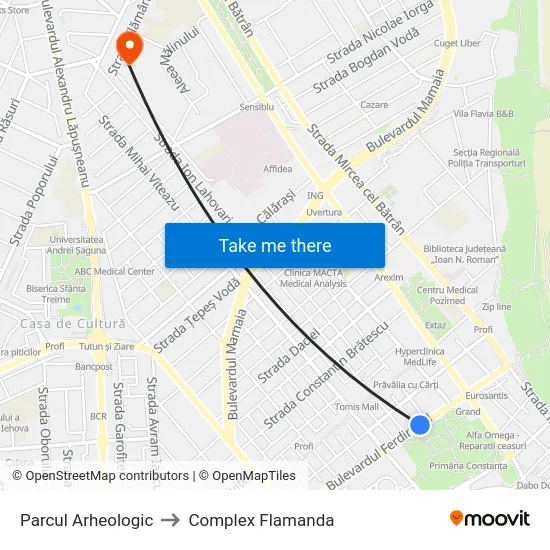 Parcul Arheologic to Complex Flamanda map