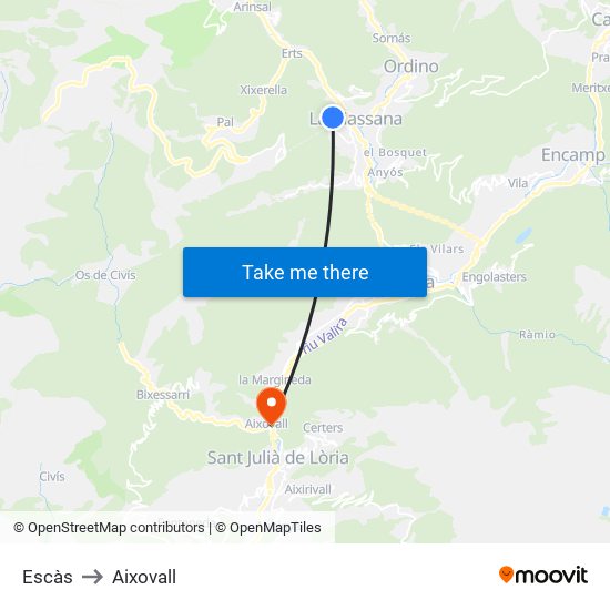 Escàs to Aixovall map