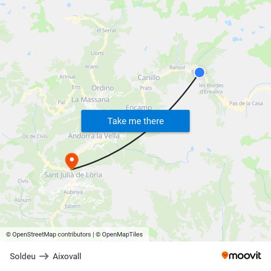 Soldeu to Aixovall map