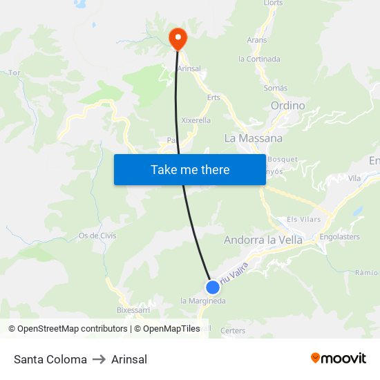 Santa Coloma to Arinsal map