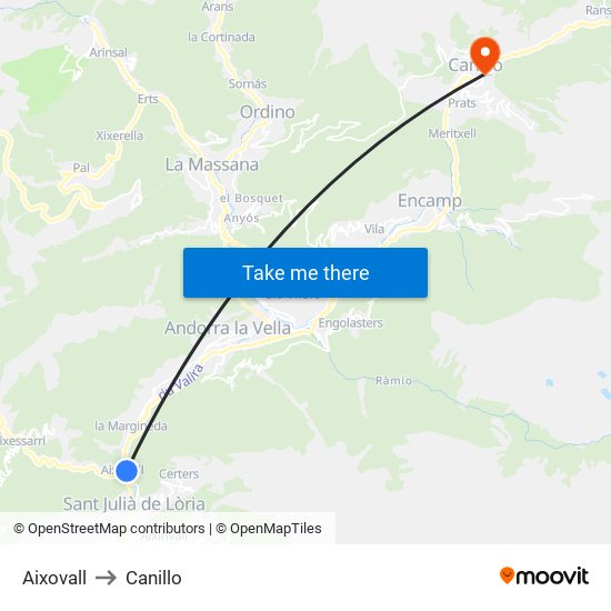 Aixovall to Canillo map