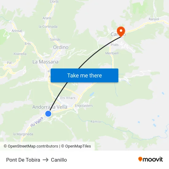 Pont De Tobira to Canillo map