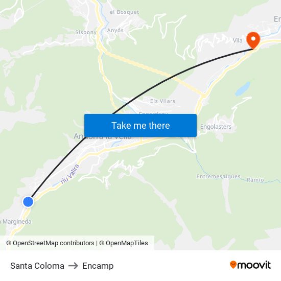 Santa Coloma to Encamp map