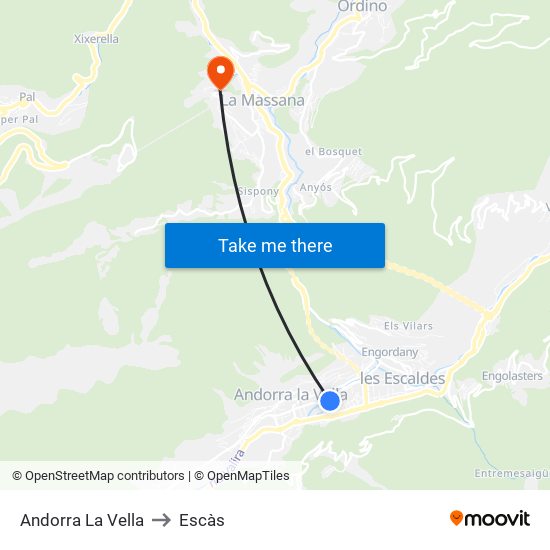 Andorra La Vella to Escàs map