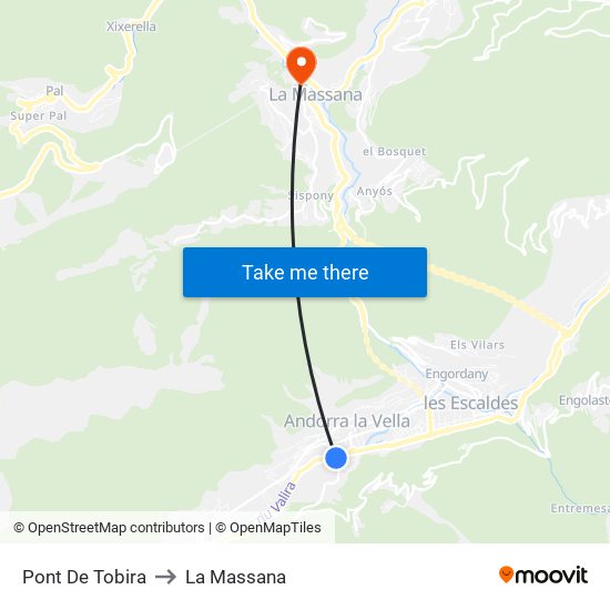 Pont De Tobira to La Massana map