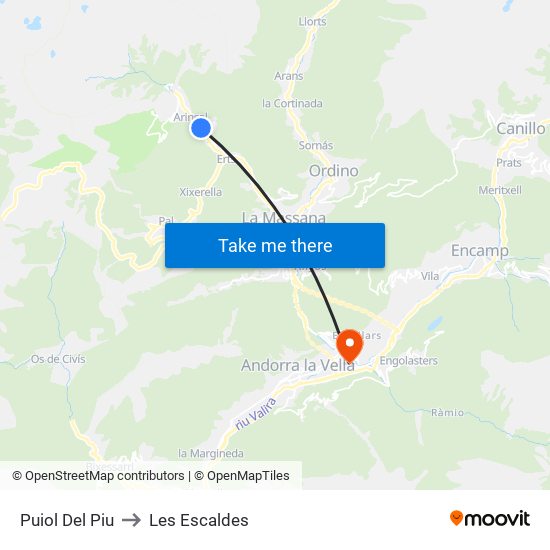 Puiol Del Piu to Les Escaldes map