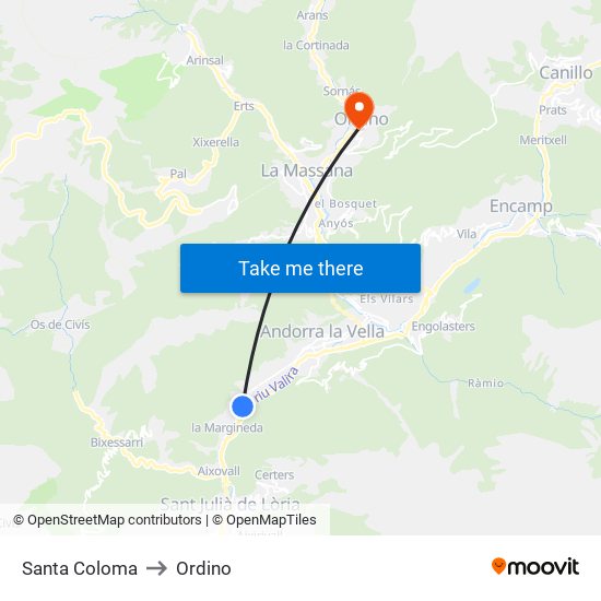 Santa Coloma to Ordino map