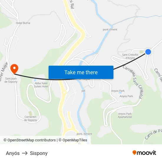 Anyós to Sispony map