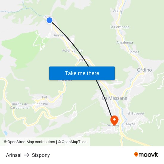 Arinsal to Sispony map