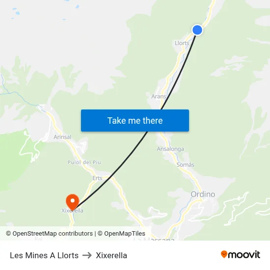 Les Mines A Llorts to Xixerella map