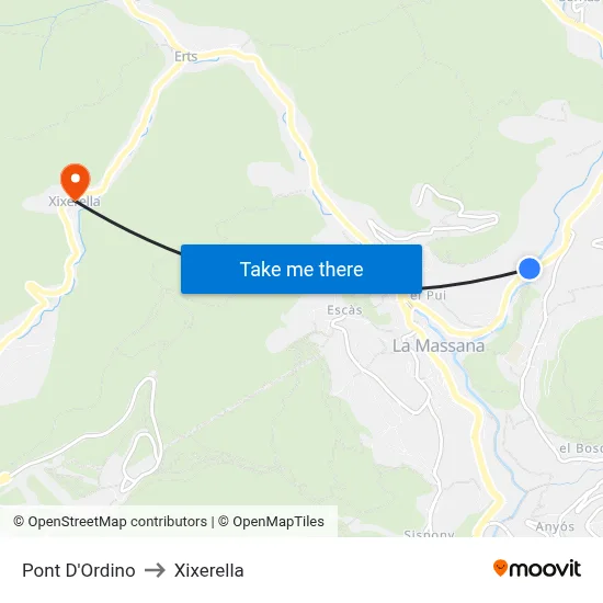 Pont D'Ordino to Xixerella map