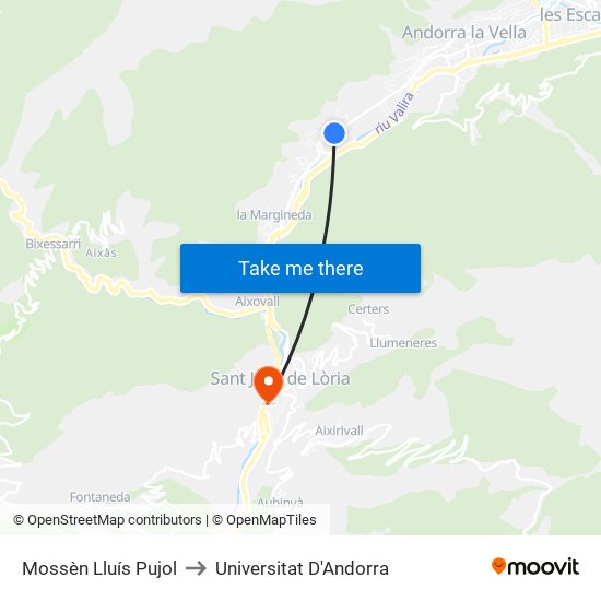 Mossèn Lluís Pujol to Universitat D'Andorra map