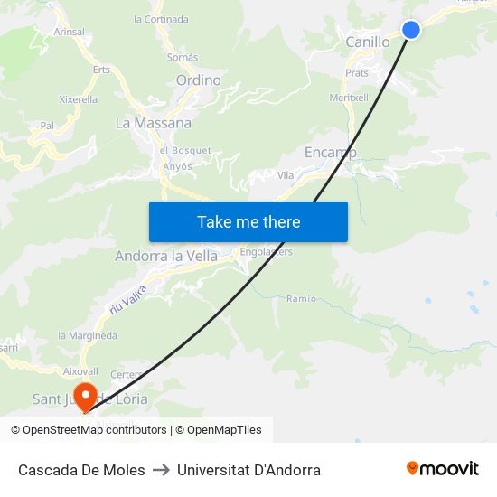 Cascada De Moles to Universitat D'Andorra map