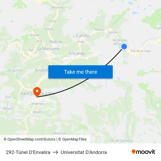 292-Túnel D'Envalira to Universitat D'Andorra map