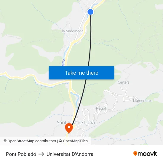 Pont Pobladó to Universitat D'Andorra map