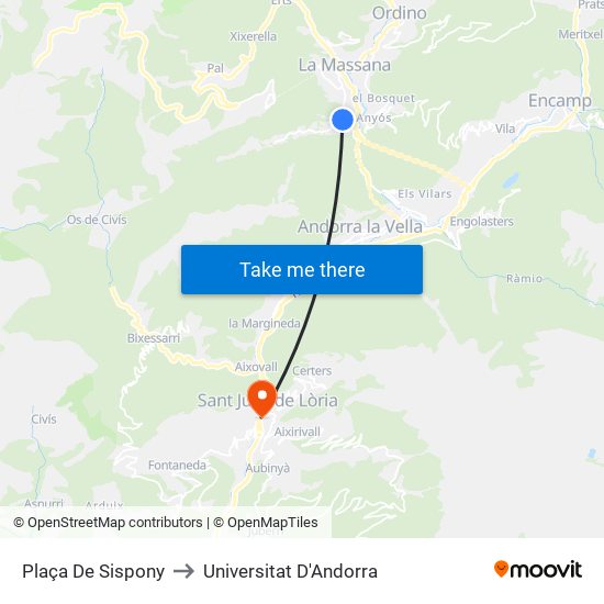 Plaça De Sispony to Universitat D'Andorra map