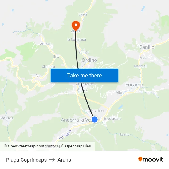 Plaça Coprínceps to Arans map
