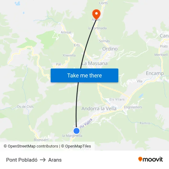 Pont Pobladó to Arans map