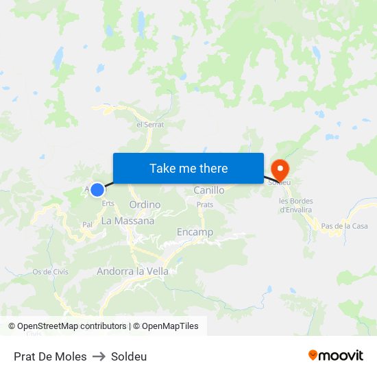 Prat De Moles to Soldeu map