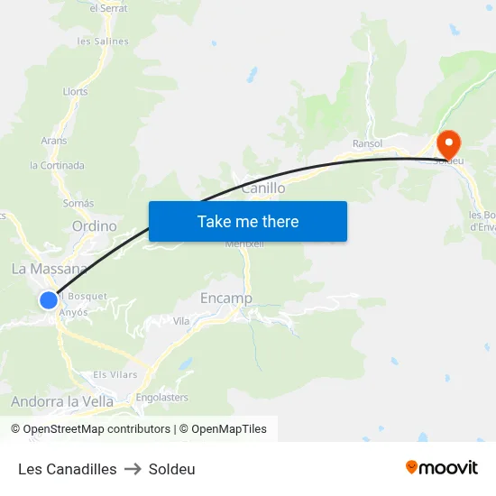 Les Canadilles to Soldeu map
