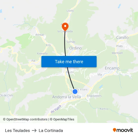 Les Teulades to La Cortinada map