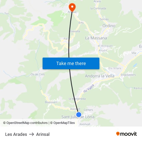 Les Arades to Arinsal map