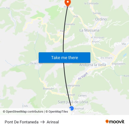 Pont De Fontaneda to Arinsal map