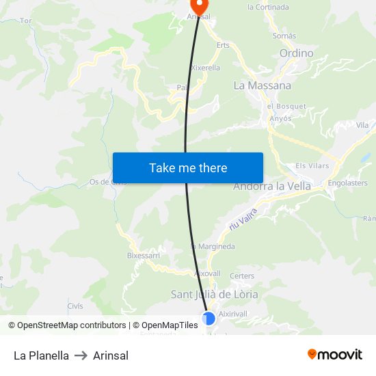 La Planella to Arinsal map